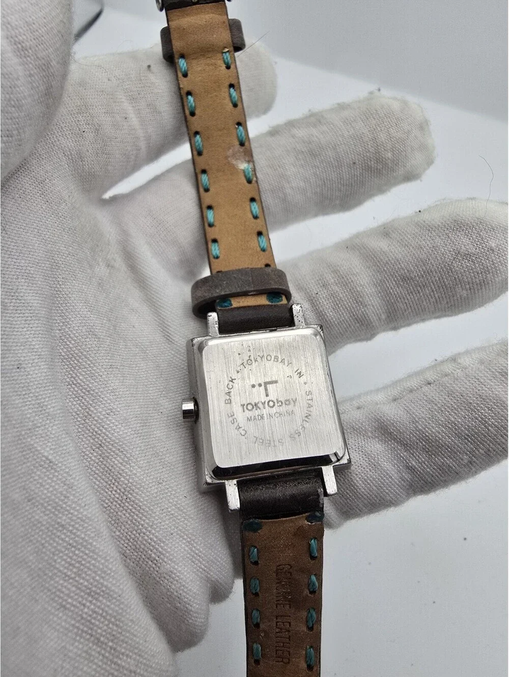 Tokyo Bay Blue Dial Square Quartz Watch with Brown Leather And Blue Stitch Band